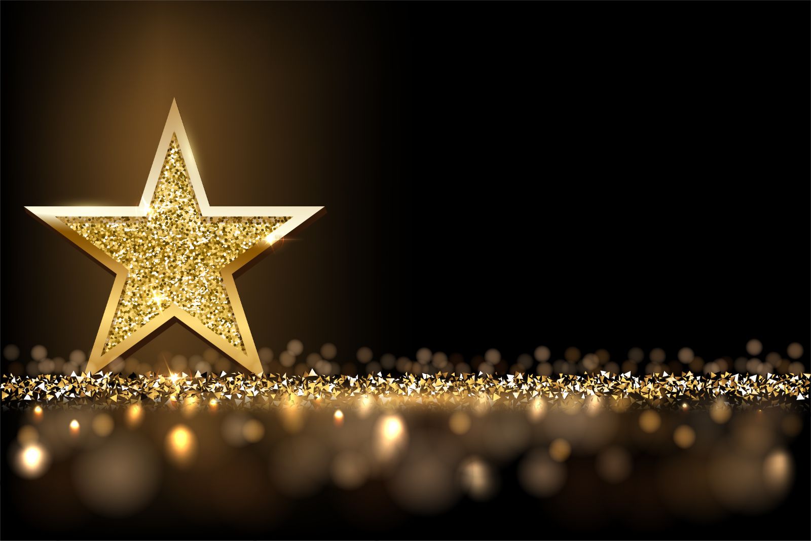 Golden sparkling star isolated on dark luxury horizontal background. Vector design element.